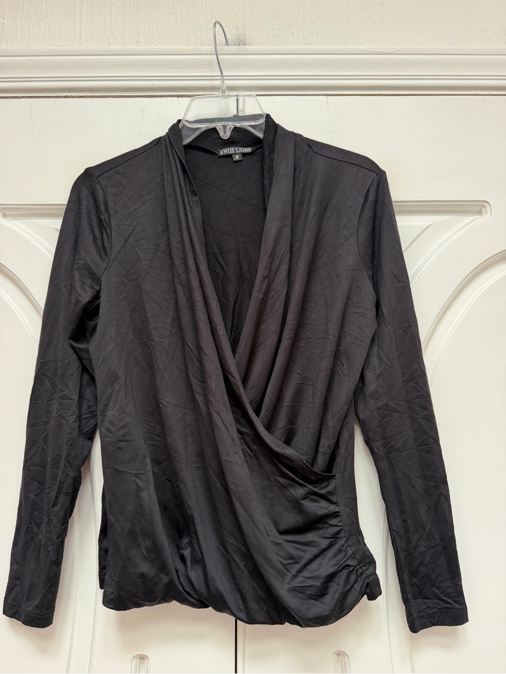 Anue Ligne Black Draped Wrap-Front Long Sleeve Top M